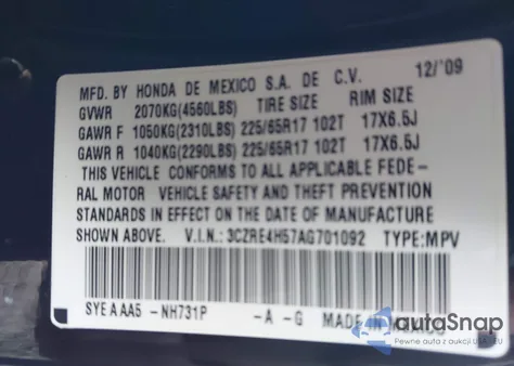 2010 Honda Cr-V Ex z USA, uszkodzony, nr VIN 3CZRE4H57AG701092